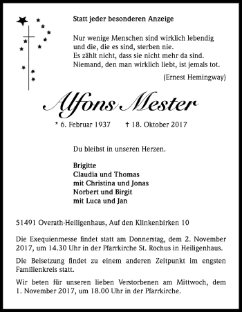 Anzeige von Alfons Mester von Kölner Stadt-Anzeiger / Kölnische Rundschau / Express