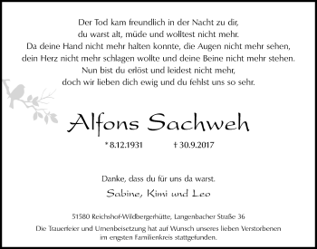 Anzeige von Alfons Sachweh von  Lokalanzeiger 