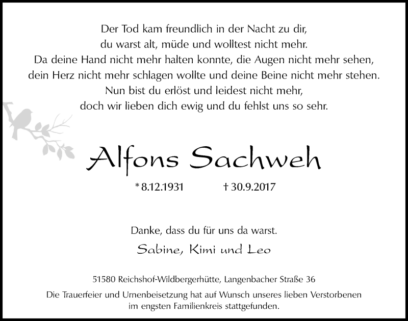  Traueranzeige für Alfons Sachweh vom 11.10.2017 aus  Lokalanzeiger 