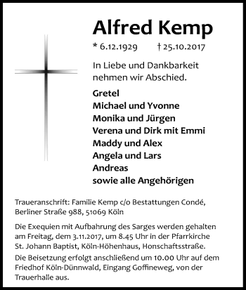 Anzeige von Alfred Kemp von Kölner Stadt-Anzeiger / Kölnische Rundschau / Express
