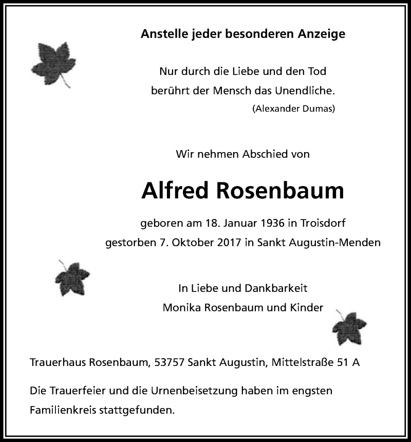  Traueranzeige für Alfred Rosenbaum vom 21.10.2017 aus Kölner Stadt-Anzeiger / Kölnische Rundschau / Express