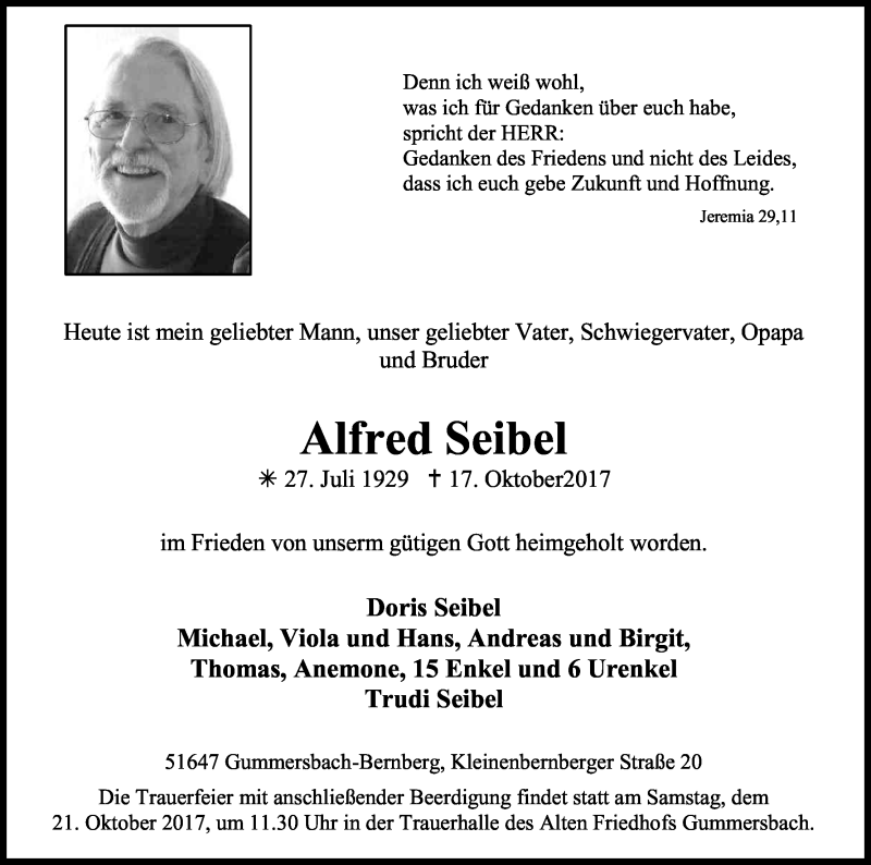  Traueranzeige für Alfred Seibel vom 19.10.2017 aus Kölner Stadt-Anzeiger / Kölnische Rundschau / Express