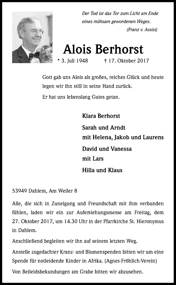  Traueranzeige für Alois Berhorst vom 21.10.2017 aus Kölner Stadt-Anzeiger / Kölnische Rundschau / Express