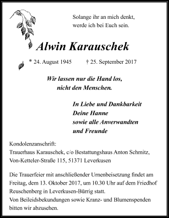 Anzeige von Alwin Karauschek von Kölner Stadt-Anzeiger / Kölnische Rundschau / Express