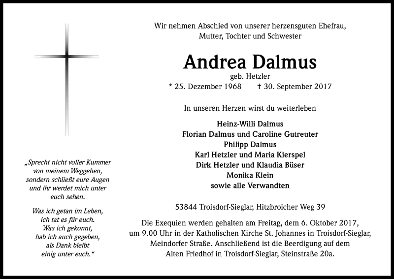  Traueranzeige für Andrea Dalmus vom 03.10.2017 aus Kölner Stadt-Anzeiger / Kölnische Rundschau / Express