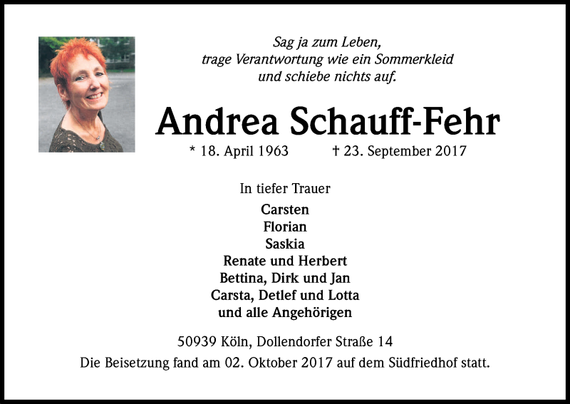  Traueranzeige für Andrea Schauff-Fehr vom 07.10.2017 aus Kölner Stadt-Anzeiger / Kölnische Rundschau / Express