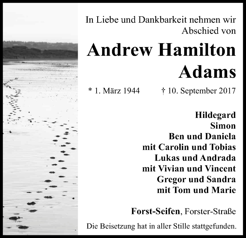  Traueranzeige für Andrew  Hamilton Adams vom 09.10.2017 aus Kölner Stadt-Anzeiger / Kölnische Rundschau / Express