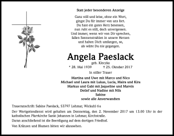 Anzeige von Angela Paeslack von Kölner Stadt-Anzeiger / Kölnische Rundschau / Express