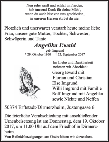 Anzeige von Angelika Ewald von  Sonntags-Post 