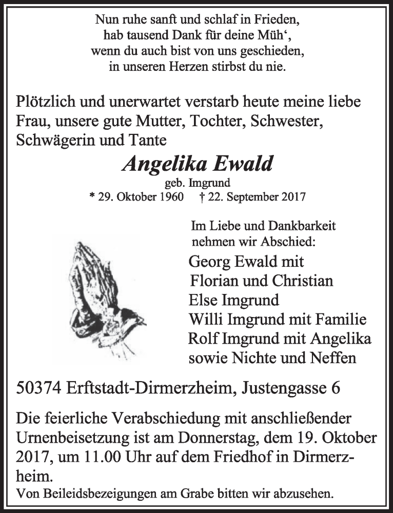  Traueranzeige für Angelika Ewald vom 14.10.2017 aus  Sonntags-Post 