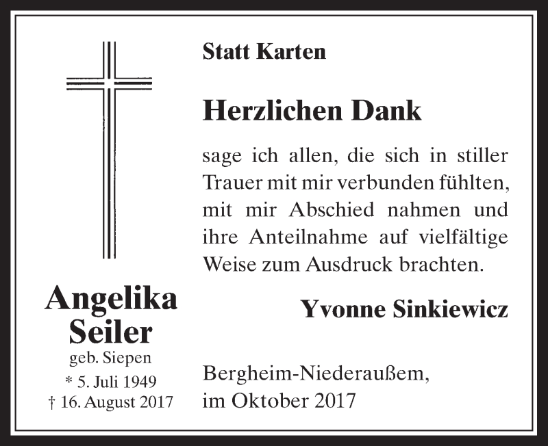  Traueranzeige für Angelika Seiler vom 18.10.2017 aus  Werbepost 