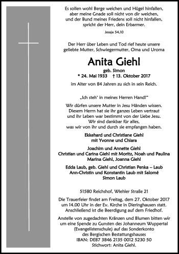 Anzeige von Anita Giehl von Kölner Stadt-Anzeiger / Kölnische Rundschau / Express