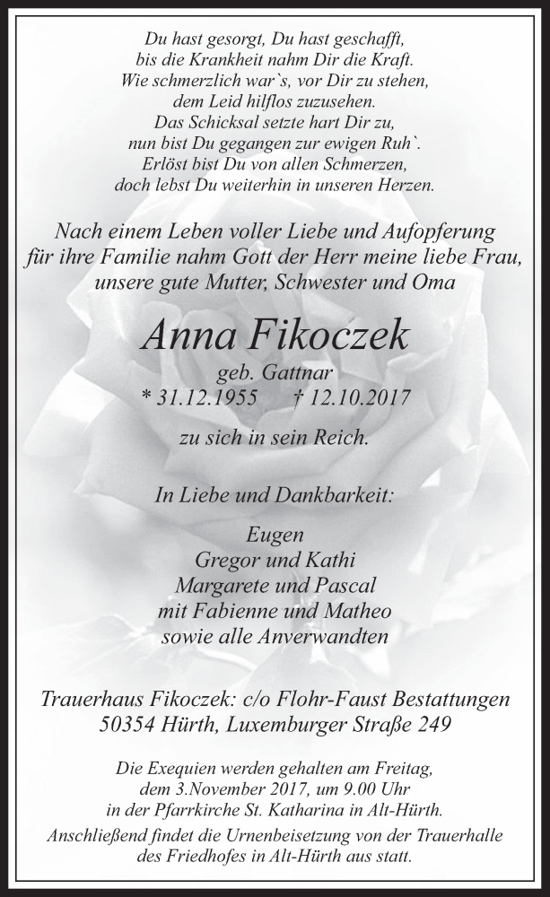 Traueranzeige für Anna Fikoczek vom 25.10.2017 aus  Wochenende 