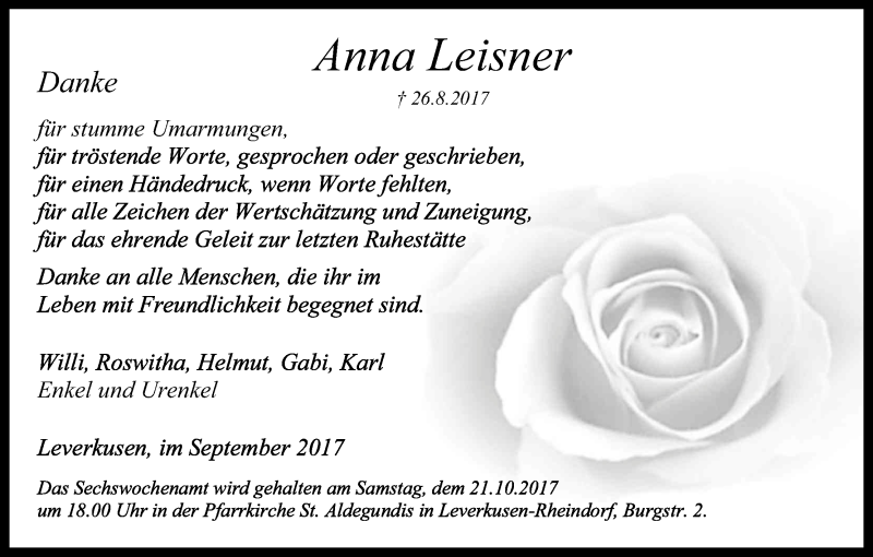  Traueranzeige für Anna Leisner vom 07.10.2017 aus Kölner Stadt-Anzeiger / Kölnische Rundschau / Express