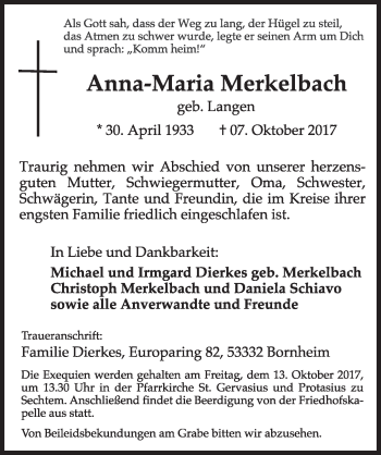 Anzeige von Anna-Maria Merkelbach von  Schlossbote/Werbekurier 