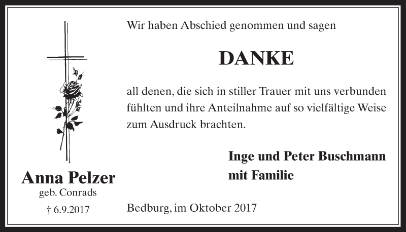  Traueranzeige für Anna Pelzer vom 18.10.2017 aus  Werbepost 