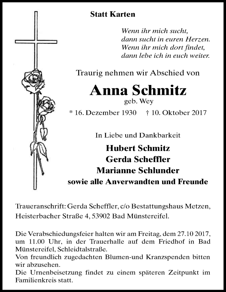  Traueranzeige für Anna Schmitz vom 21.10.2017 aus Kölner Stadt-Anzeiger / Kölnische Rundschau / Express