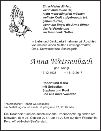 Anzeige von Anna Weissenbach von  Kölner Wochenspiegel 