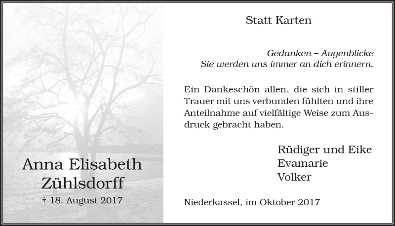  Traueranzeige für Anna Elisabeth Zühlsdorff vom 11.10.2017 aus  Extra Blatt 