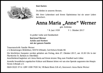 Anzeige von Anna Maria  Werner von Kölner Stadt-Anzeiger / Kölnische Rundschau / Express