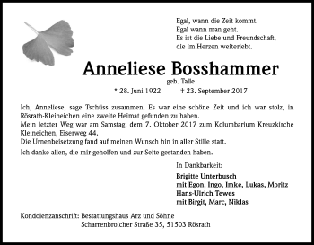 Anzeige von Anneliese Bosshammer von Kölner Stadt-Anzeiger / Kölnische Rundschau / Express
