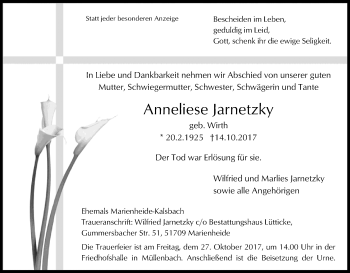 Anzeige von Anneliese Jarnetzky von Kölner Stadt-Anzeiger / Kölnische Rundschau / Express