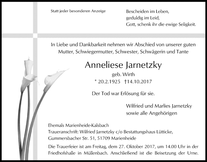  Traueranzeige für Anneliese Jarnetzky vom 21.10.2017 aus Kölner Stadt-Anzeiger / Kölnische Rundschau / Express