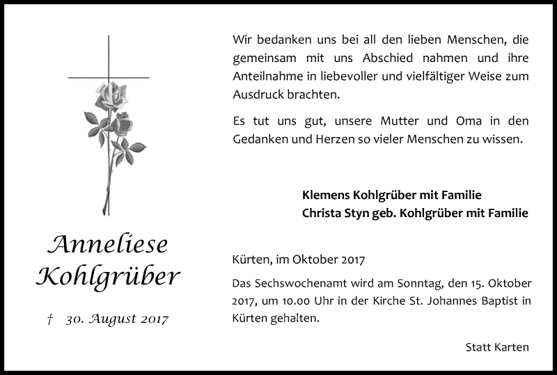 Traueranzeige für Anneliese Kohlgrüber vom 11.10.2017 aus Kölner Stadt-Anzeiger / Kölnische Rundschau / Express