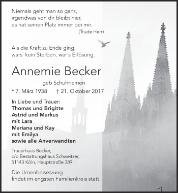 Anzeige von Annemie Becker von  Kölner Wochenspiegel 