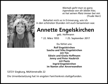 Anzeige von Annette Engelskirchen von Kölner Stadt-Anzeiger / Kölnische Rundschau / Express