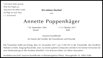 Anzeige von Annette Poppenhäger von Kölner Stadt-Anzeiger / Kölnische Rundschau / Express