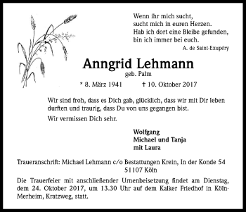 Anzeige von Anngrid Lehmann von Kölner Stadt-Anzeiger / Kölnische Rundschau / Express