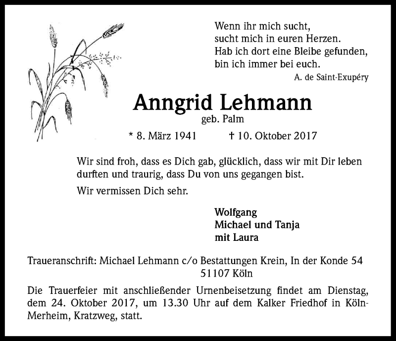  Traueranzeige für Anngrid Lehmann vom 21.10.2017 aus Kölner Stadt-Anzeiger / Kölnische Rundschau / Express