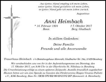 Anzeige von Anni Heimbach von Kölner Stadt-Anzeiger / Kölnische Rundschau / Express