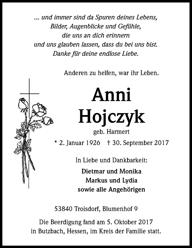  Traueranzeige für Anni Hojczyk vom 12.10.2017 aus Kölner Stadt-Anzeiger / Kölnische Rundschau / Express