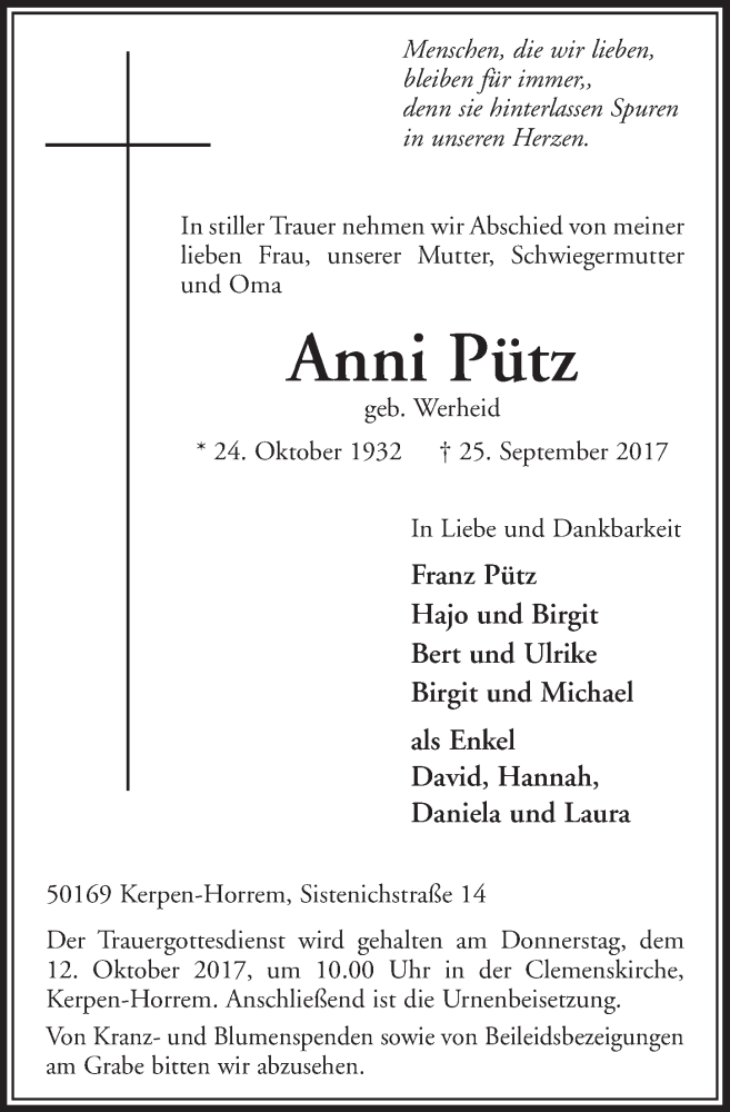  Traueranzeige für Anni Pütz vom 07.10.2017 aus  Sonntags-Post 