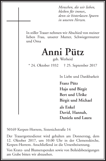 Anzeige von Anni Pütz von  Sonntags-Post 