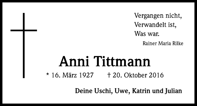  Traueranzeige für Anni Tittmann vom 21.10.2017 aus Kölner Stadt-Anzeiger / Kölnische Rundschau / Express