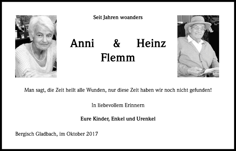  Traueranzeige für Anni und Heinz Flemm vom 11.10.2017 aus Kölner Stadt-Anzeiger / Kölnische Rundschau / Express