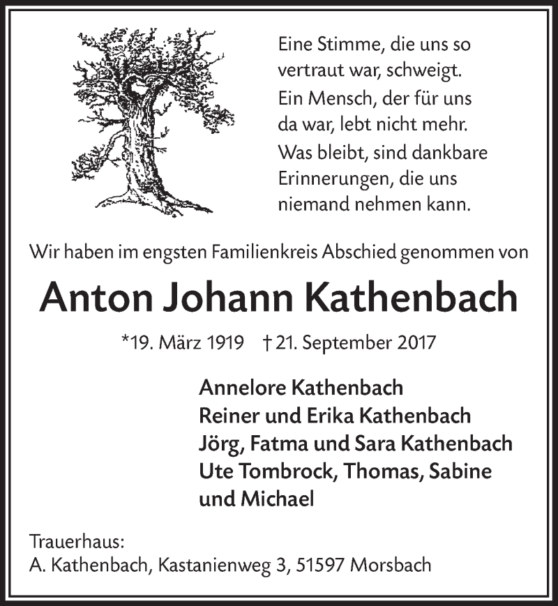  Traueranzeige für Anton Johann Kathenbach vom 18.10.2017 aus  Lokalanzeiger 
