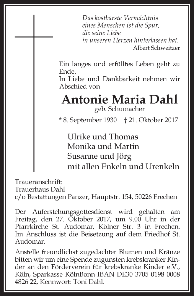  Traueranzeige für Antonie Maria Dahl vom 25.10.2017 aus  Wochenende 