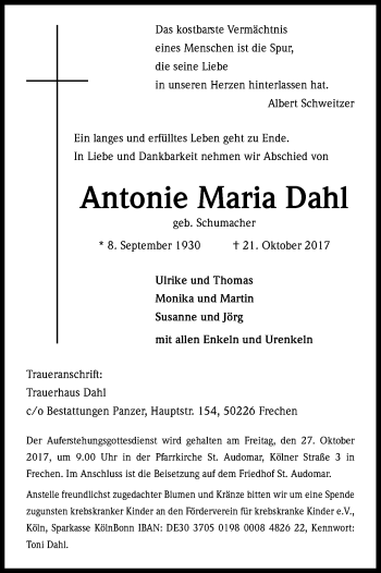 Anzeige von Antonie Maria Dahl von Kölner Stadt-Anzeiger / Kölnische Rundschau / Express