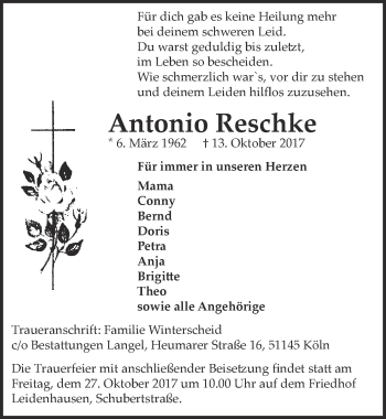 Anzeige von Antonio Reschke von  Kölner Wochenspiegel 