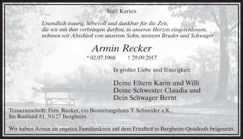 Anzeige von Armin Recker von  Sonntags-Post 