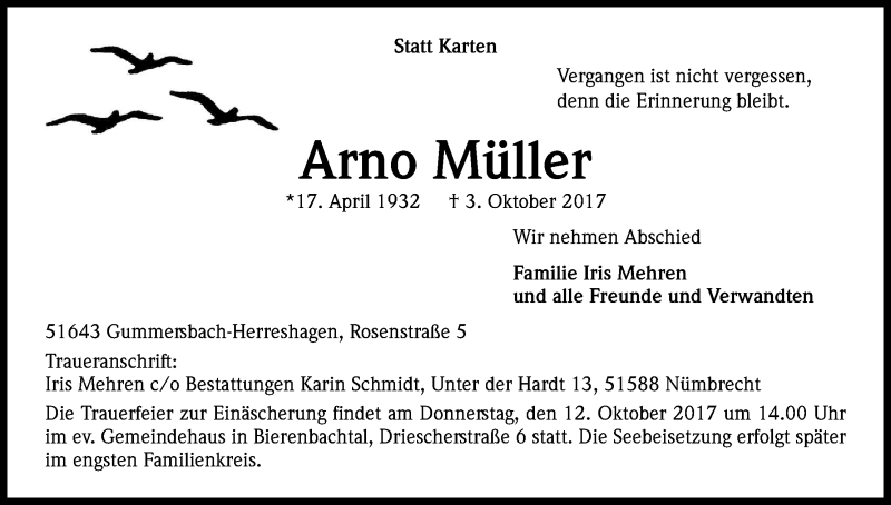  Traueranzeige für Arno Müller vom 07.10.2017 aus Kölner Stadt-Anzeiger / Kölnische Rundschau / Express