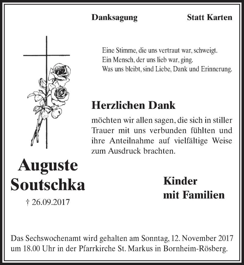  Traueranzeige für Auguste Soutschka vom 11.10.2017 aus  Schlossbote/Werbekurier 