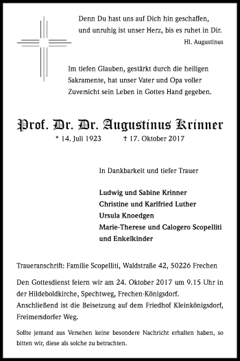 Anzeige von Augustinus Krinner von Kölner Stadt-Anzeiger / Kölnische Rundschau / Express