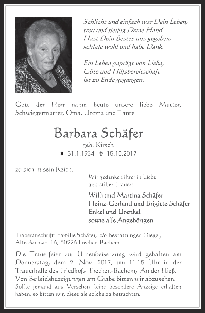  Traueranzeige für Barbara Schäfer vom 25.10.2017 aus  Wochenende 