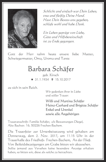 Anzeige von Barbara Schäfer von  Wochenende 