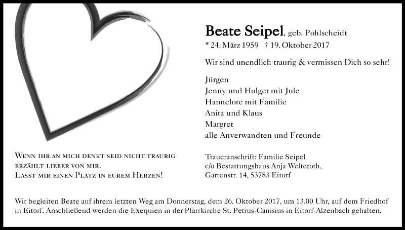  Traueranzeige für Beate Seipel vom 21.10.2017 aus Kölner Stadt-Anzeiger / Kölnische Rundschau / Express